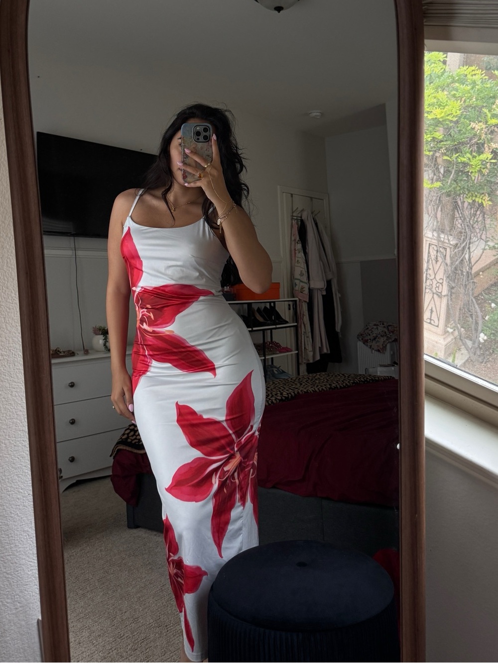 White Maxi Dress with Red Floral Print - Elegant Slip Style